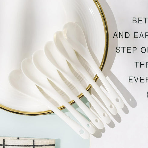 Set of 6 Premium White Porcelain Spoons for Coffee, Espresso, Tea, Sauces, and Desserts
