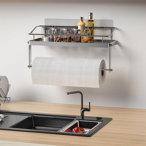 Adhesive Paper Towel Holder Shelf, Wall Mounted Roll Rack for Kitchen Shower Bathroom, Rustproof Stainless Steel