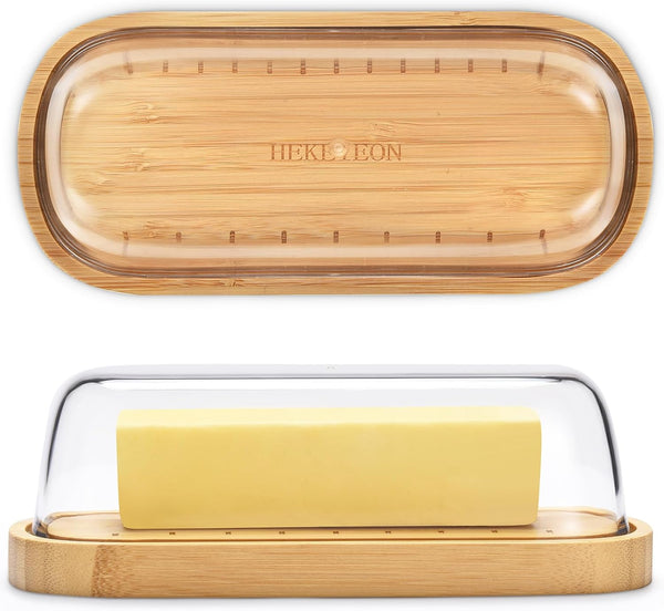 Bamboo Butter Dish with Lid, Dishwasher Safe Butter Holder for East/West Coast Butter Storage