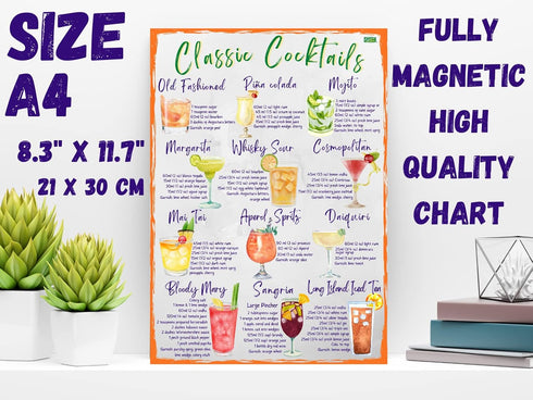 Classic Cocktails Recipes Magnetic Chart A4 Format - Kitchen Pub Wall and Fridge Decor