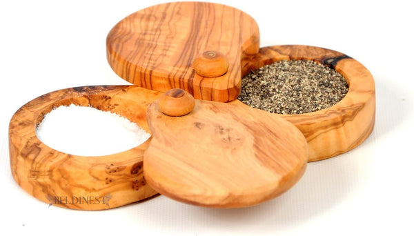 Beldinest Double Salt Keeper Pepper Keeper, Handmade From Olive Wood 2 Compartment