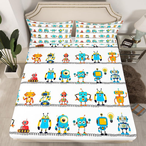 Set Set 4pcs 2 Set Manfei Watercolor Robots Sheet Full Cartoon Toy Theme Bed Sheet with Deep Pocket Fitted Sheet + Flat