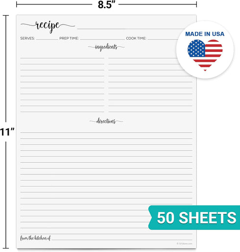 321Done Recipe Paper 8.5x11 White, 50-Pack, Made in USA, Full Page Blank Recipe Paper to Write in Your Own Recipes, Minimalist Letter Size Refill Pages for Recipe Binder, Recipe Box, Recipe Organizer