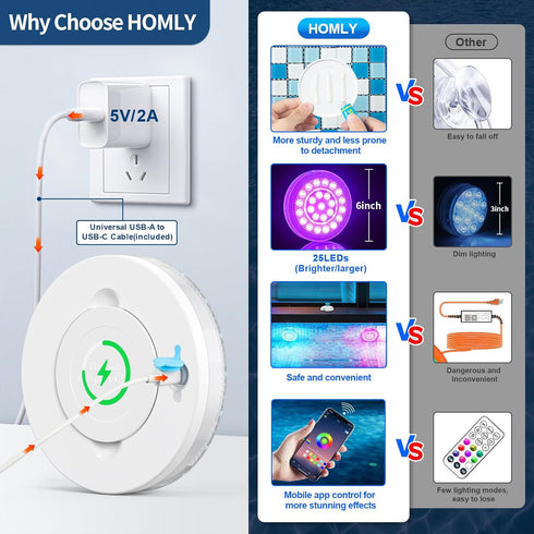 Homly 4000mAh Rechargeable Submersible Pool Lights with Wireless APP Control, Waterproof Underwater Smart LED Lights