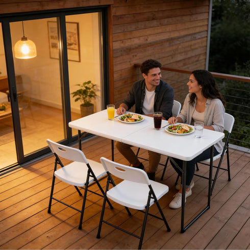 4ft Folding Table - Heavy Duty Fold-in-Half Plastic Table with Adjustable Height, Portable Utility Tables with Steel