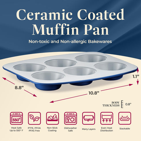 Bake with Elegance: 6-Cup Cake/Muffin Pan Set - Blue, Teal, Marble, Golden, Cream - Aluminized Steel with Ceramic Non-Stick Coating, PFOA & PFAS Free - Non-Toxic, Heavy-Duty Bakeware by BAKKENMASTER