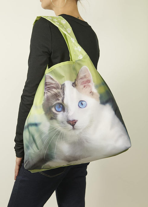 O-WITZ Reusable Grocery Bags, Vibrant Tote Bag for Groceries, Washable Design with Large Handles, Cat Blue