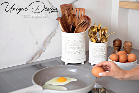 Large 7.5"+5.5" Elegant Ceramic Utensil Holder for Countertop, Cooking Utensils Organizer for Spatula, Large Utensils Crock for Kitchen Counter, Kitchen Decor, set of 2, White