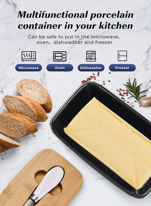 Black Ceramic Butter Dish with Lid - Large Countertop Holder for 2 Sticks, Includes Knife and Sponge Scrubber