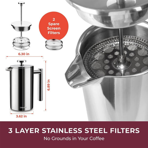 Mueller French Press Coffee Maker, 20oz Stainless Steel, 4 Filter Heat Resistant Double Insulated, Dishwasher Safe