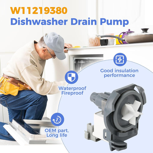 OEM W11219380 Dishwasher Drain Pump for Whirlpool, Replacement Part W10537634, 4844596, AP6784233, PS12583887,