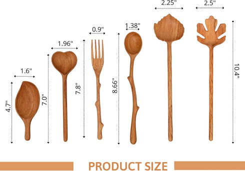 Natural Wooden Spoons and Forks Set (Set of 6) - Handmade Cooking Gift Ideas for Women, Mother's Day, Kitchen