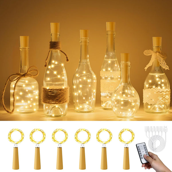 PChero USB Rechargeable Wine Bottle Lights with Cork & Remote Timer, 6
