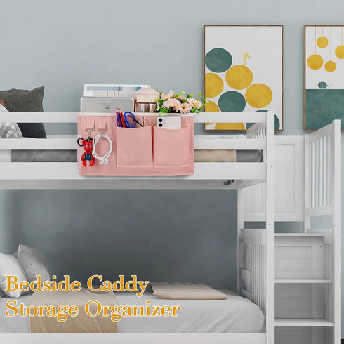 Bedside Storage Caddy for Headboards, Bunk Beds, Dorm Rooms, Light Pink Hanging Storage Bag for Books