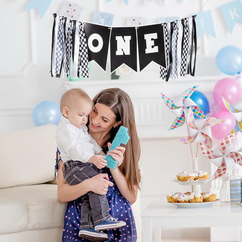 Q&High Life Race Car First Birthday Highchair Banner, Pre - strung Black & White Checkered ONE Garland for Boys Fast