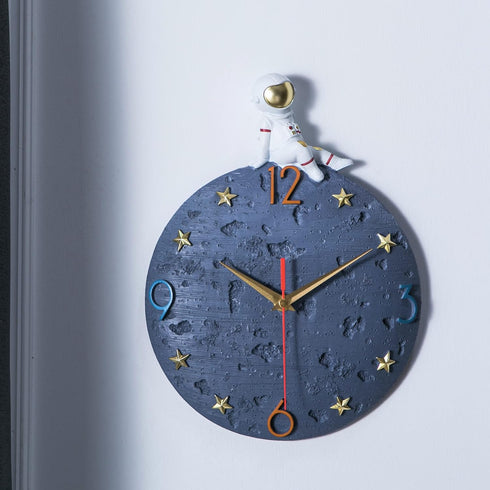 12 Inch Space Theme Wall Clock, Astronaut Moon Wall Clock, Grey Modern Silent Clock for Kids Room Nursery Living Room