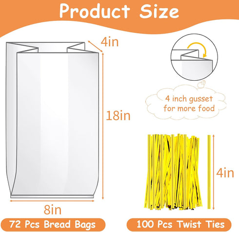 Reastar 72 Pack 100 Bread Bags with Ties, Clear Bread Bags for Homemade Bread and Ties, Adjustable Reusable Plastic