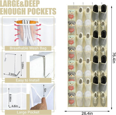 2 Pack 40 Closet Windyun Over the Door Shoe Organizers Large Mesh Pocket Hanging Shoe Rack for Nonslip Behind Door