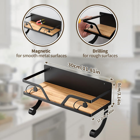 SUNTECH Magnetic Paper Towel Holder for Fridge, Black Kitchen Roll Holder with Shelf Wall Mount, Magnetic Spice Rack