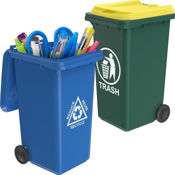 Wiosi Mini Garbage Trash Pen Holder for Desk, Tiny Recycle Bin Pencil Holder Green & Blue, Pack of 2 for Office