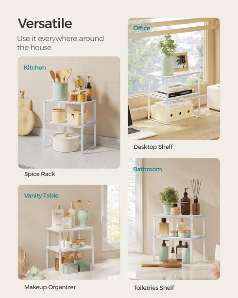 SONGMICS Cabinet Organizer Shelf, Set of 2 Kitchen Counter Shelves, Stackable Expandable Metal and Engineered Wood
