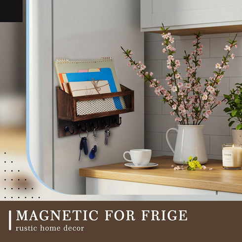 Colingmill 5 Magnetic Mail and Key Holder for Wall Fridge Wooden Mail Organizer with Key Hooks for Home Bedroom Fridge