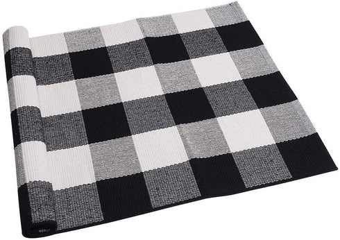 SEEKSEE Cotton Buffalo Plaid Rug, 2'x3' Black and White Checked Washable Doormat