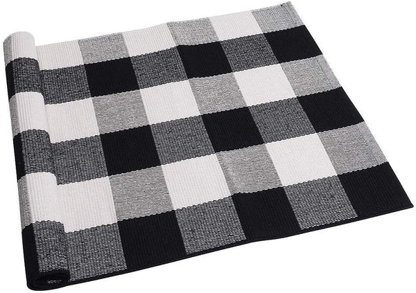 SEEKSEE Cotton Buffalo Plaid Rug, 2'x3' Black and White Checked Washable Doormat