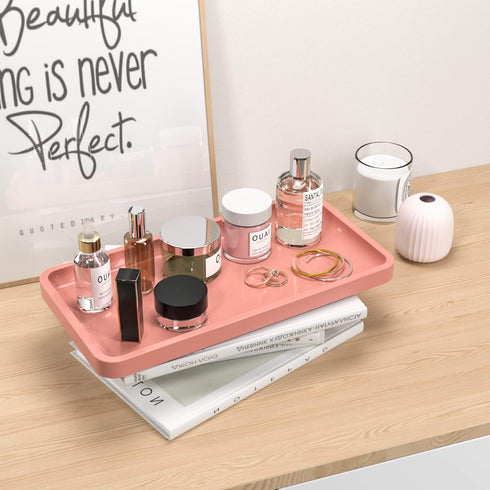 Bamboo Bathroom Vanity Tray for Countertop, Decorative Wood Tray for Dresser Tops and Home Decoration, Pink