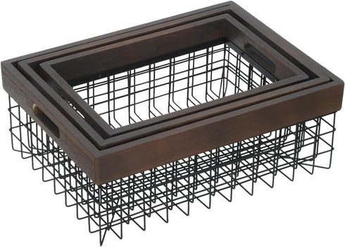 Set of 3 Metal Wire Baskets, Organizing Wood Top with Handles, Storage Organizer for Kitchen Cabinets, Pantry, Laundry