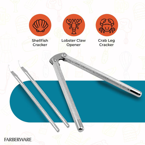 3-Piece Set, Farberware Seafood Nutcracker Stainless Steel Shell Cracker & Picks - Crack Open Lobster, Crab, Nuts, Hard