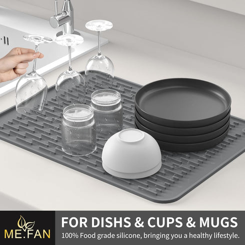 ME.FAN Silicone Dish Drying Mat for Kitchen Counter, Protection Pad for Sink, Refrigerator or Drawer, 16''×12'', Grey