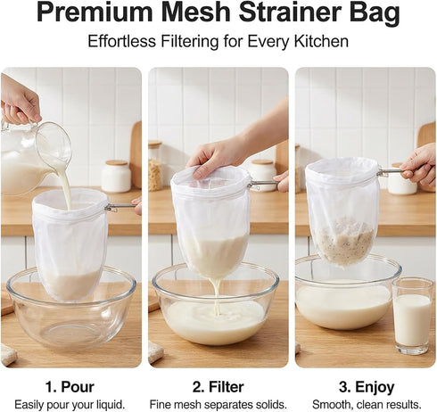RAINFLOW 3 Fine Mesh Strainer Bags - Reusable Cheese Cloth Bags with Stainless Steel Handle for Straining, Coffee