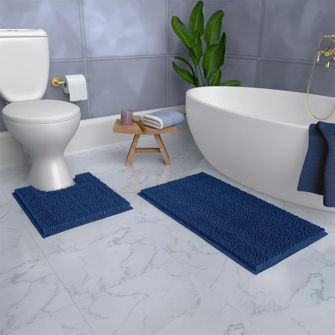 Bathroom Rugs Sets 2 Piece, Luxury Chenille Bath Mat Set, Soft Plush Anti-Slip Rug + U-Shaped Toilet Mat, Blue
