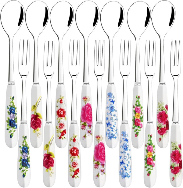 14 Pcs Dessert Forks and Spoons Set, Stainless Steel Cutlery with Porcelain Handles for Cake, Tea, Pastry, Dessert,