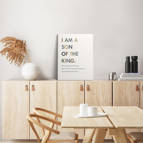 XWELLDAN 11 14 Inch, Christian Religious Bible Verse I am a Son of the King Boy Nursery Wall Art Canvas