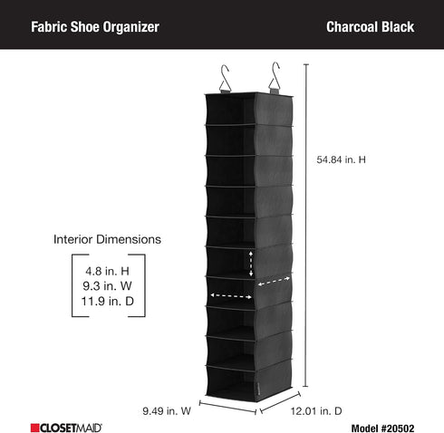 ClosetMaid 20502 10-Shelf Closet Fabric Hanging Organizer for Shoes, Hats, Handbags, Clothes with Charcoal Black Finish