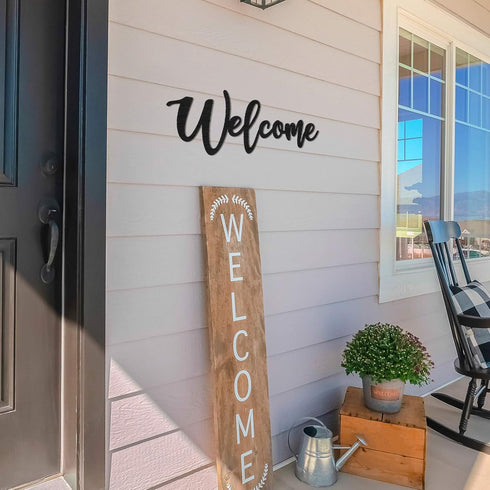 Jetec Wood Cutout Welcome Sign, Rustic Wall Decor for Front Door, Wood Art Sign, 15.7 x 6 Inches, Black