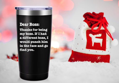 AMZUShome Thanks For Being My Boss Travel Mug - Boss Day Gifts, Office Gifts, 20oz Black Tumbler