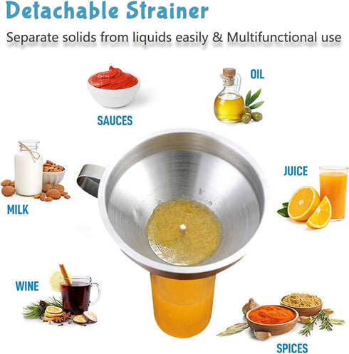 Kitchen Funnel for Filling Bottles, 304 Stainless Steel Food Funnels with Strainer and 200 Mesh Filter Set