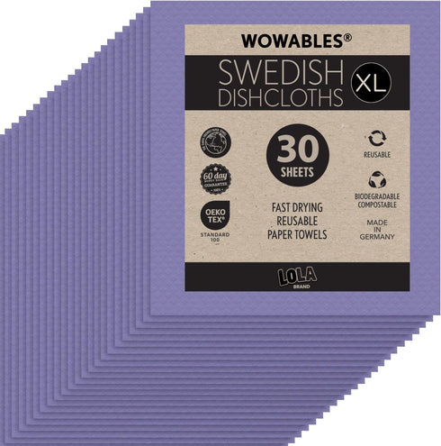 LOLA Wowables XL Swedish Dishcloths, 30 Reusable Eco Cleaning Cloths, 11" x 10", Ultra Absorbent, Compostable