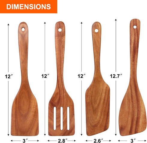 Best Wooden Spatula for Cooking, Teak Wood Utensil Set of 4 for Baking, Mixing, Scraping, Flipping