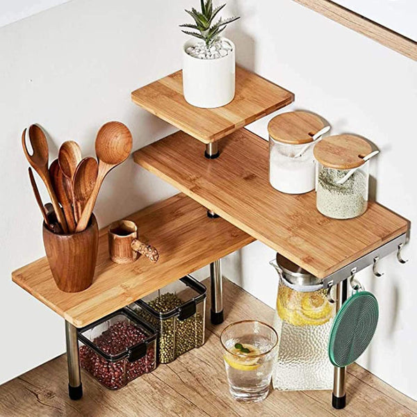 HYNAWIN 3 Tier Corner Shelf, Bamboo & Metal Storage Spice Rack, Adjustable Organizer with Hooks