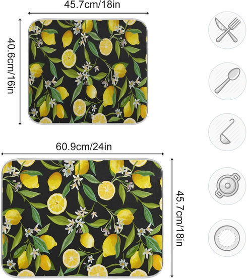 ALAZA Yellow Lemon on Black Dish Drying Mat, Absorbent Microfiber Small Pad for Kitchen Countertops 16 x 18 Inch