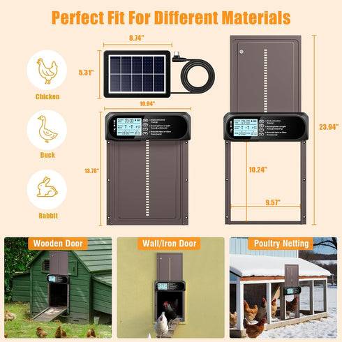nolonly 4 Automatic Chicken Coop Door Solar Powered, LCD Screen Electric Auto Chicken Coop Door with Timer & Light