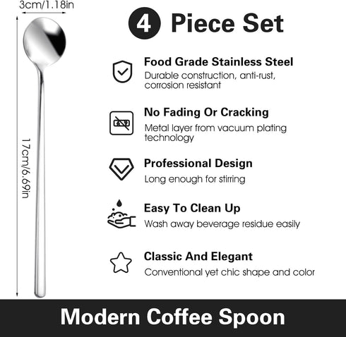 Long Ice Tea Spoons, 6.7 Inch Stirring Spoons Long Handle Ice Spoon Silver Coffee Cocktail Spoon for Stirring Ice Cream Tea Coffee Milkshake Cold Drink Bar Accessories, 4 Pack