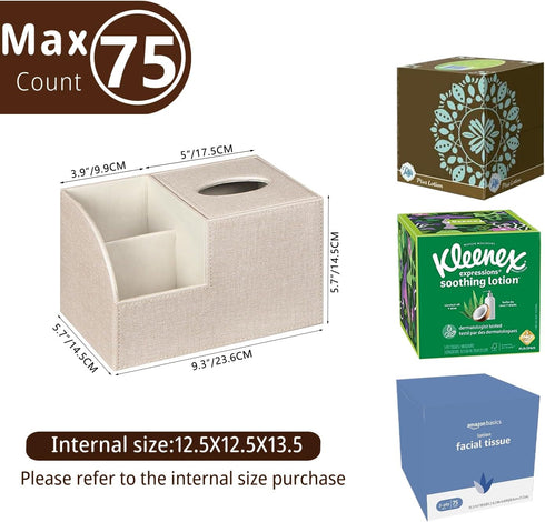 PU Leather Square Tissue Box Cover, Multi-Functional Holder for Tissue and Remote Control Storage