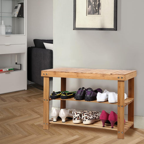 PUPL 3 11.2inchD 27.5inchW 17.9inchH Tier Bamboo Shoe Bench, Entryway Bench Shoe Rack Organizer for Bedroom Living Room