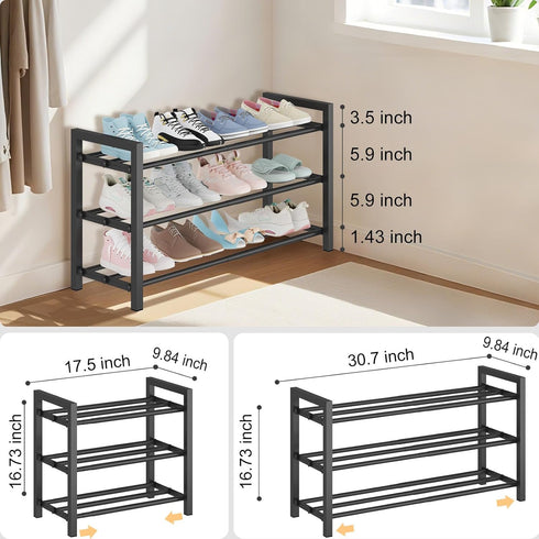 3-Tier Closet, Detsuk Expandable Shoe Rack Adjustable Heavy-Duty Metal Shoe Organizer Shelf for Entryway, Mudroom