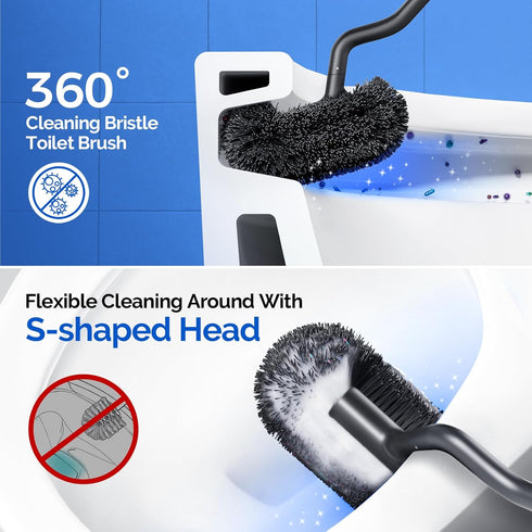 Set: 304 2 Pack HAMITOR Toilet Brush and Holder Stainless Steel Rustproof Toilet Scrubber with Under Rim Deep Cleaning